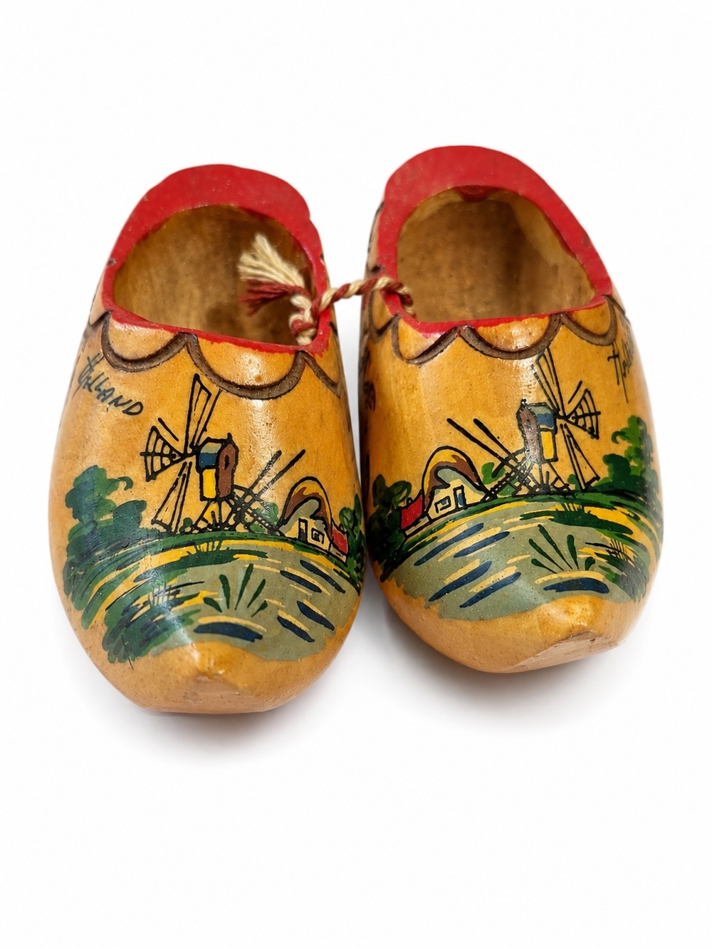 Vintage Mini Hand-Painted Wooden  Clogs in Yellow with Red Trim